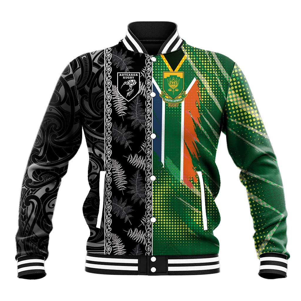 Custom Aotearoa South Africa Rugby Freedom Cup Baseball Jacket Maori Silver Fern Art and Sporty Flag SA - African Pride