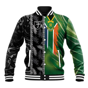 Custom Aotearoa South Africa Rugby Freedom Cup Baseball Jacket Maori Silver Fern Art and Sporty Flag SA - African Pride