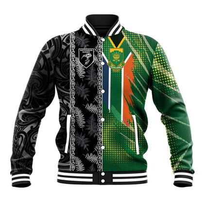 Custom Aotearoa South Africa Rugby Freedom Cup Baseball Jacket Maori Silver Fern Art and Sporty Flag SA - African Pride