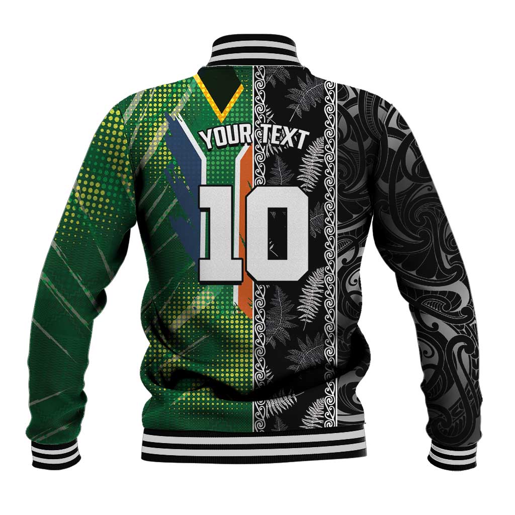 Custom Aotearoa South Africa Rugby Freedom Cup Baseball Jacket Maori Silver Fern Art and Sporty Flag SA - African Pride