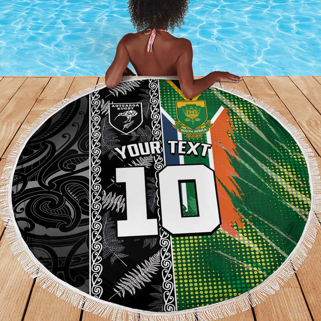 Custom Aotearoa South Africa Rugby Freedom Cup Beach Blanket Maori Silver Fern Art and Sporty Flag SA - African Pride