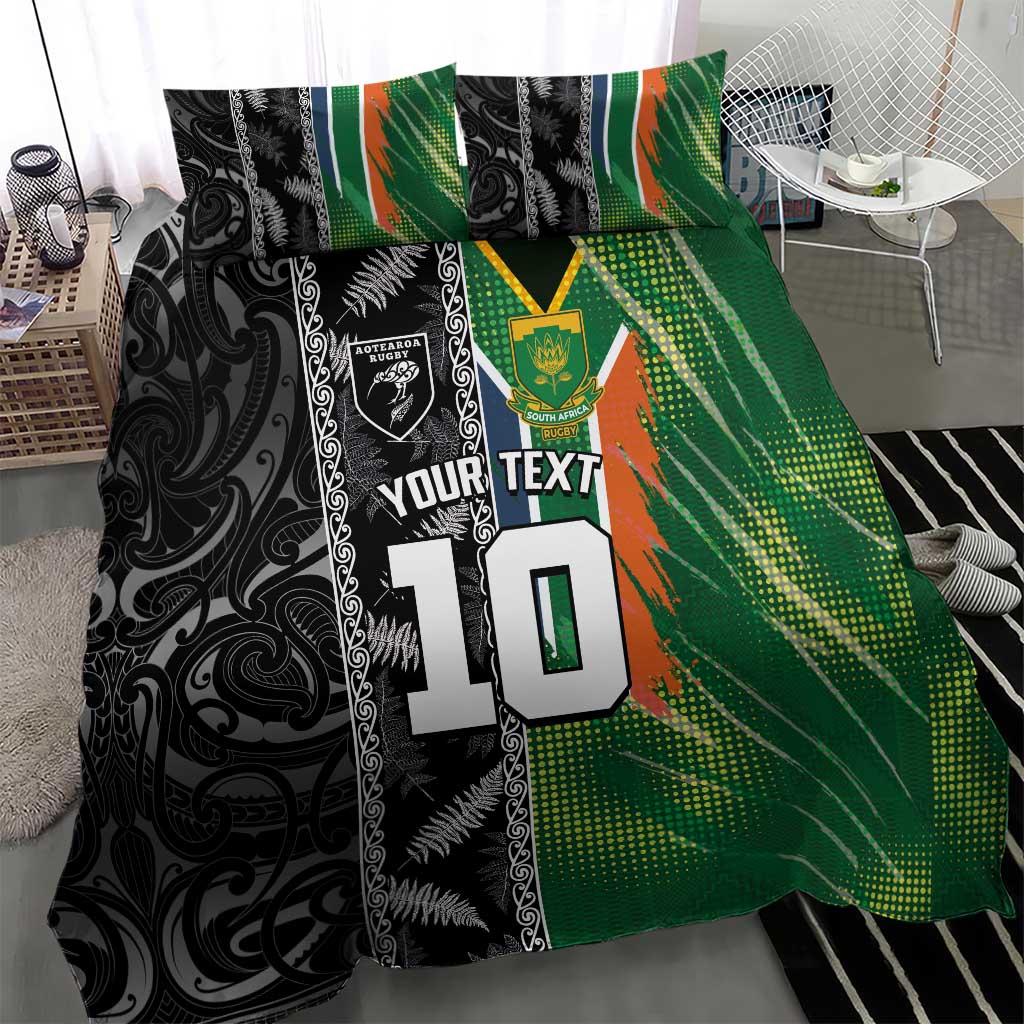 Custom Aotearoa South Africa Rugby Freedom Cup Bedding Set Maori Silver Fern Art and Sporty Flag SA - African Pride