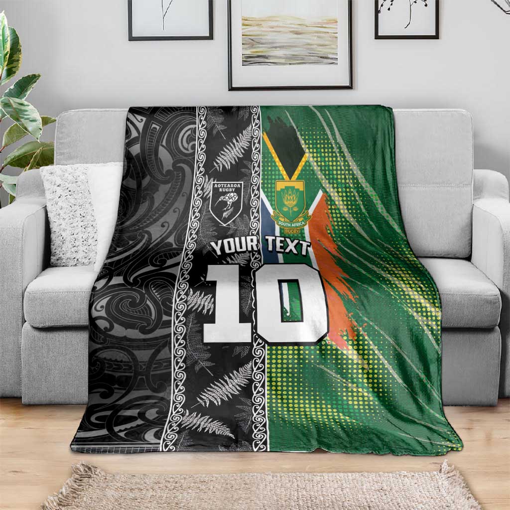 Custom Aotearoa South Africa Rugby Freedom Cup Blanket Maori Silver Fern Art and Sporty Flag SA - African Pride