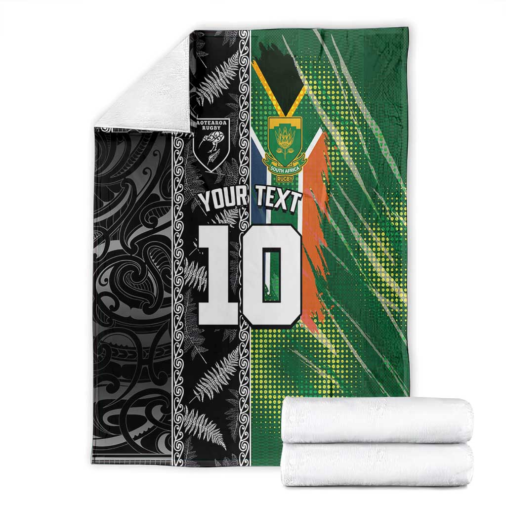 Custom Aotearoa South Africa Rugby Freedom Cup Blanket Maori Silver Fern Art and Sporty Flag SA - African Pride