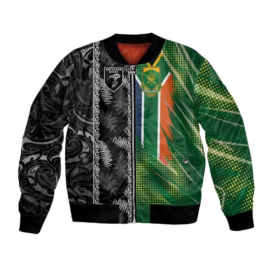 Custom Aotearoa South Africa Rugby Freedom Cup Bomber Jacket Maori Silver Fern Art and Sporty Flag SA - African Pride