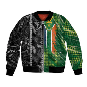 Custom Aotearoa South Africa Rugby Freedom Cup Bomber Jacket Maori Silver Fern Art and Sporty Flag SA - African Pride