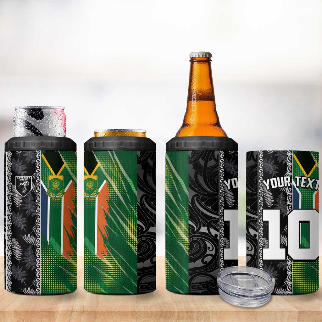 Custom Aotearoa South Africa Rugby Freedom Cup 4 in 1 Can Cooler Tumbler Maori Silver Fern Art and Sporty Flag SA - African Pride