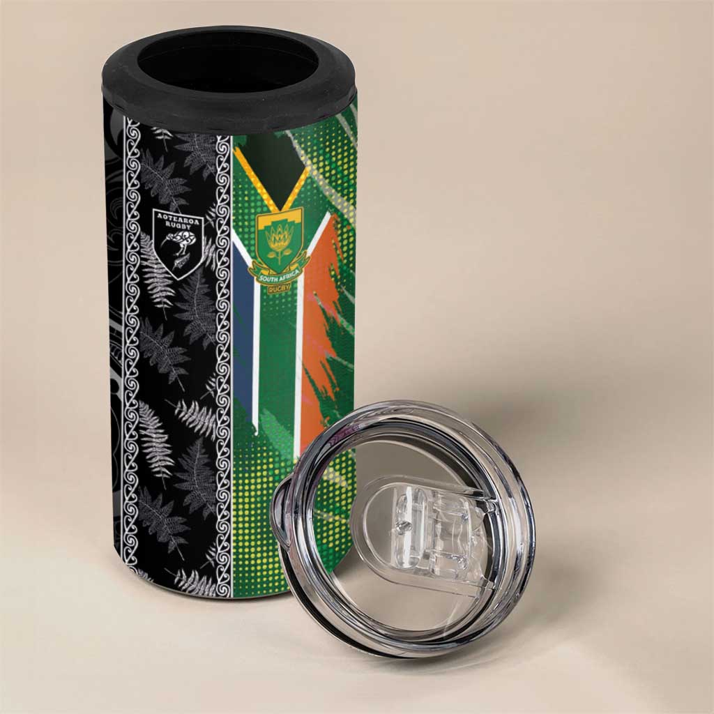 Custom Aotearoa South Africa Rugby Freedom Cup 4 in 1 Can Cooler Tumbler Maori Silver Fern Art and Sporty Flag SA - African Pride
