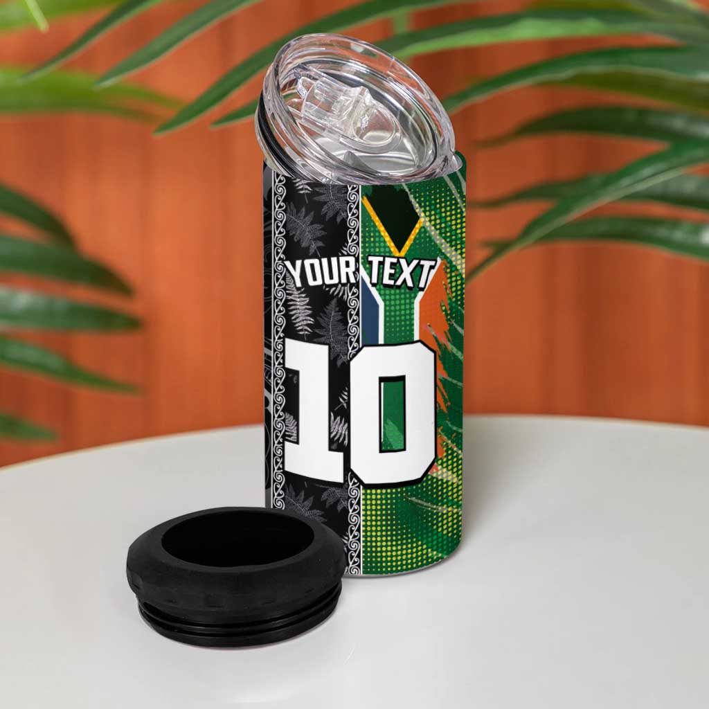 Custom Aotearoa South Africa Rugby Freedom Cup 4 in 1 Can Cooler Tumbler Maori Silver Fern Art and Sporty Flag SA - African Pride