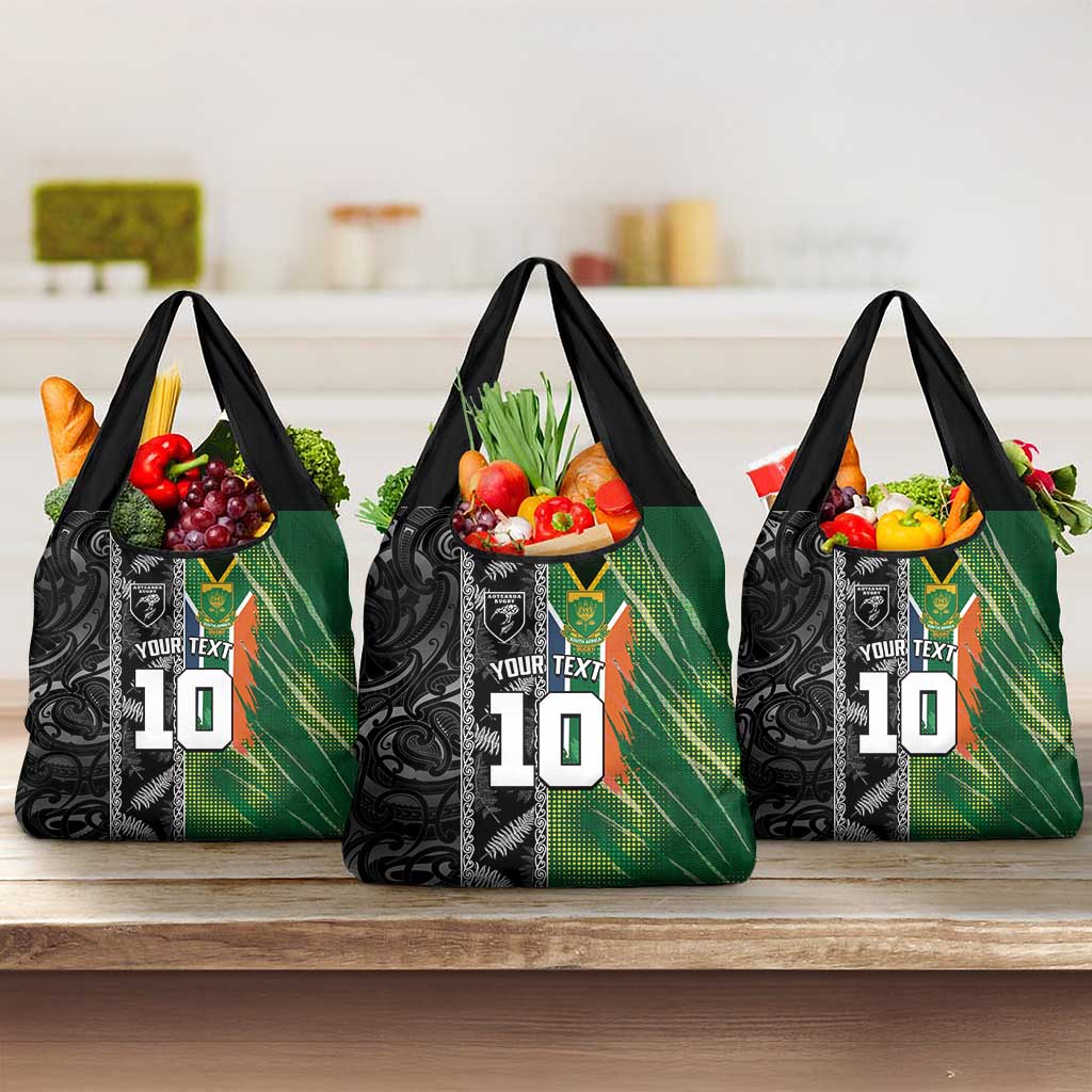 Custom Aotearoa South Africa Rugby Freedom Cup Grocery Bag Maori Silver Fern Art and Sporty Flag SA - African Pride