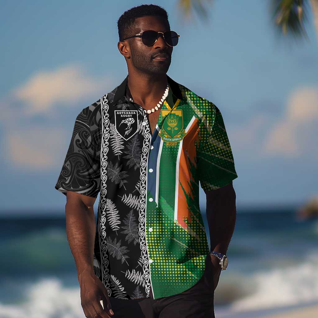 Custom Aotearoa South Africa Rugby Freedom Cup Hawaiian Shirt Maori Silver Fern Art and Sporty Flag SA - African Pride