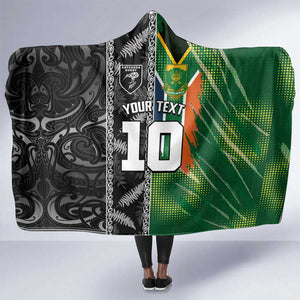 Custom Aotearoa South Africa Rugby Freedom Cup Hooded Blanket Maori Silver Fern Art and Sporty Flag SA - African Pride