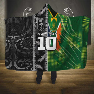 Custom Aotearoa South Africa Rugby Freedom Cup Hooded Blanket Maori Silver Fern Art and Sporty Flag SA - African Pride