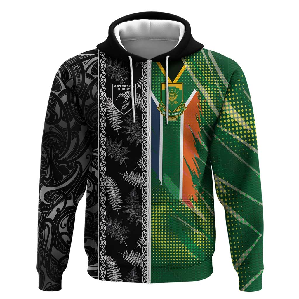 Custom Aotearoa South Africa Rugby Freedom Cup Hoodie Maori Silver Fern Art and Sporty Flag SA - African Pride