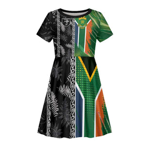 Custom Aotearoa South Africa Rugby Freedom Cup Kid Short Sleeve Dress Maori Silver Fern Art and Sporty Flag SA - African Pride