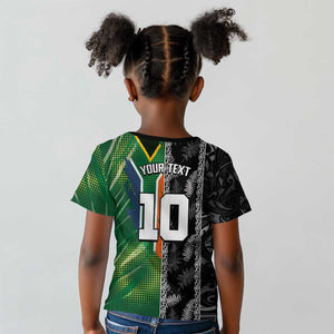 Custom Aotearoa South Africa Rugby Freedom Cup Kid T shirt Maori Silver Fern Art and Sporty Flag SA - African Pride