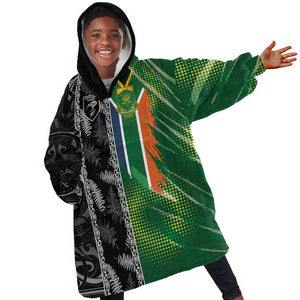 Custom Aotearoa South Africa Rugby Freedom Cup Kid Wearable Blanket Hoodie Maori Silver Fern Art and Sporty Flag SA - African Pride