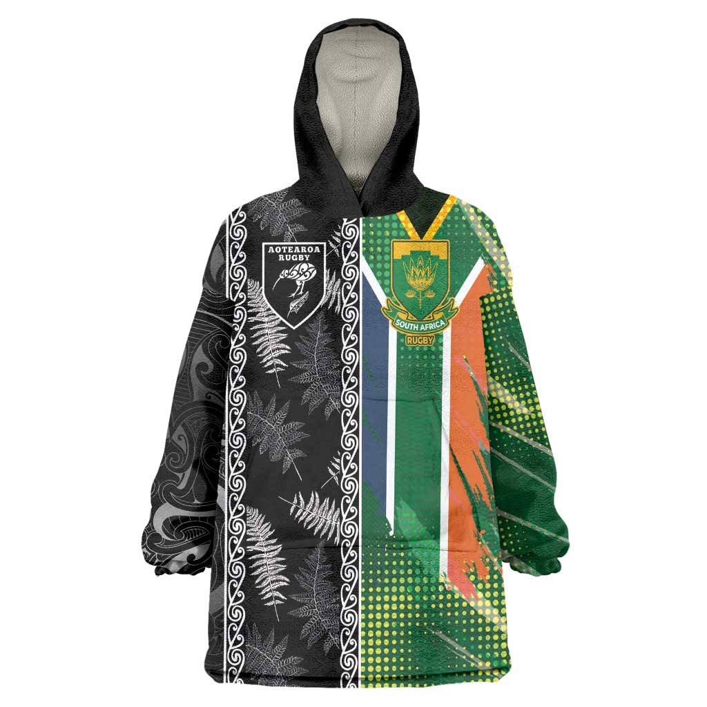 Custom Aotearoa South Africa Rugby Freedom Cup Kid Wearable Blanket Hoodie Maori Silver Fern Art and Sporty Flag SA - African Pride