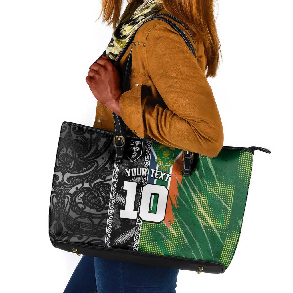 Custom Aotearoa South Africa Rugby Freedom Cup Leather Tote Bag Maori Silver Fern Art and Sporty Flag SA - African Pride