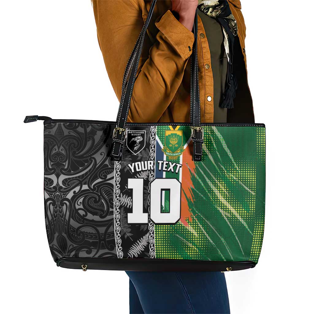 Custom Aotearoa South Africa Rugby Freedom Cup Leather Tote Bag Maori Silver Fern Art and Sporty Flag SA - African Pride