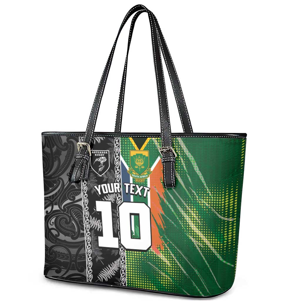 Custom Aotearoa South Africa Rugby Freedom Cup Leather Tote Bag Maori Silver Fern Art and Sporty Flag SA - African Pride