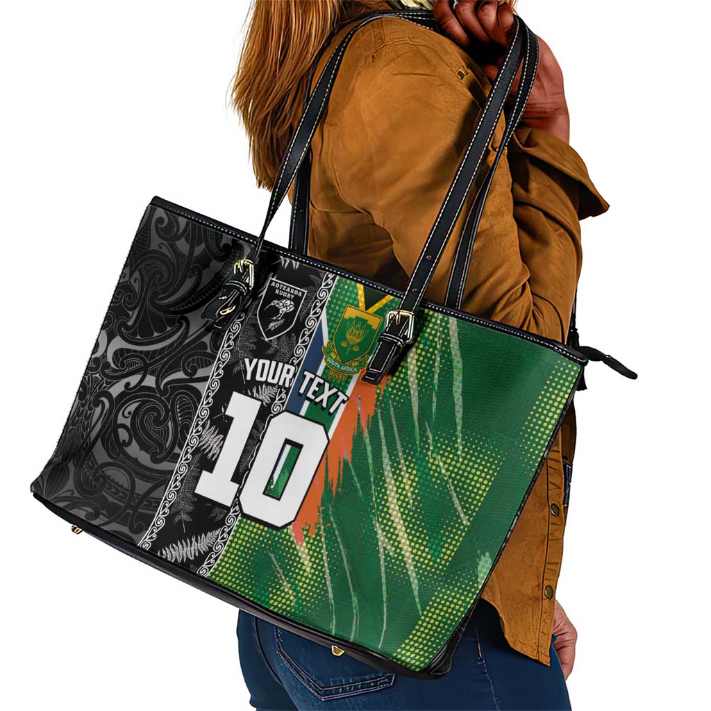 Custom Aotearoa South Africa Rugby Freedom Cup Leather Tote Bag Maori Silver Fern Art and Sporty Flag SA - African Pride