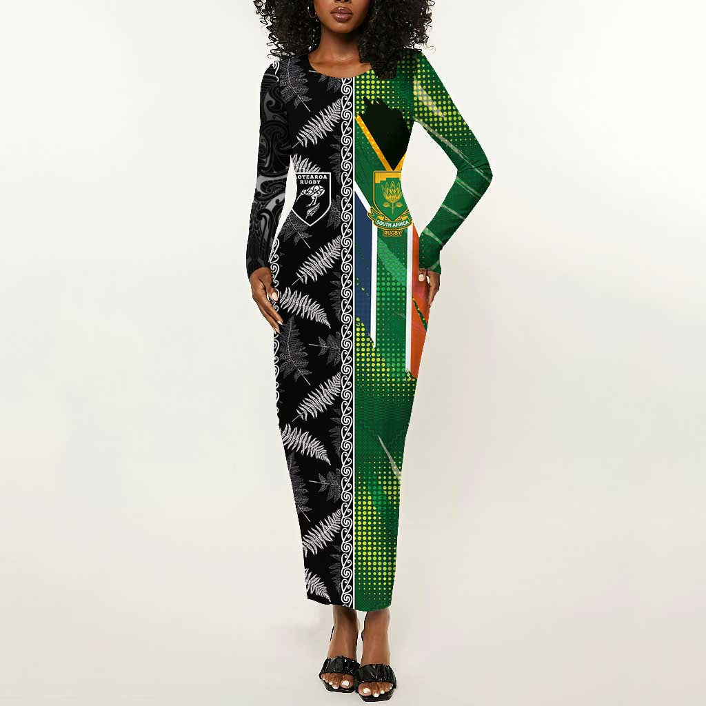 Custom Aotearoa South Africa Rugby Freedom Cup Long Sleeve Bodycon Dress Maori Silver Fern Art and Sporty Flag SA - African Pride