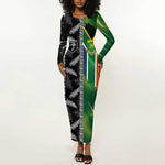 Custom Aotearoa South Africa Rugby Freedom Cup Long Sleeve Bodycon Dress Maori Silver Fern Art and Sporty Flag SA - African Pride