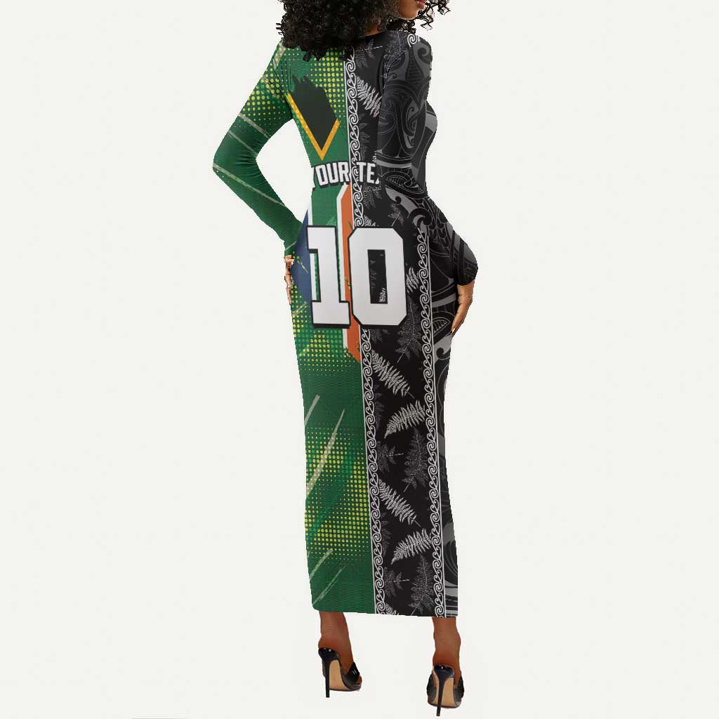 Custom Aotearoa South Africa Rugby Freedom Cup Long Sleeve Bodycon Dress Maori Silver Fern Art and Sporty Flag SA - African Pride