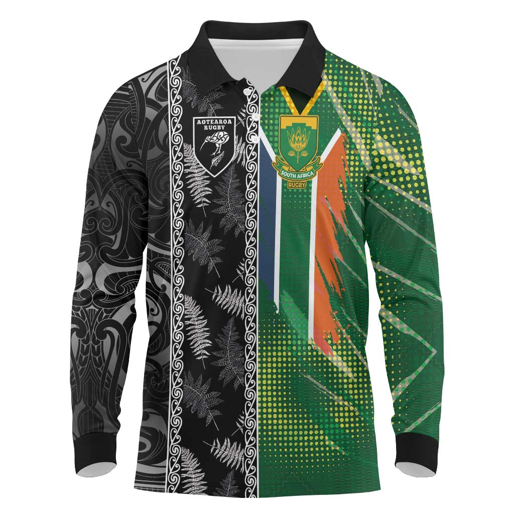 Custom Aotearoa South Africa Rugby Freedom Cup Long Sleeve Polo Shirt Maori Silver Fern Art and Sporty Flag SA - African Pride