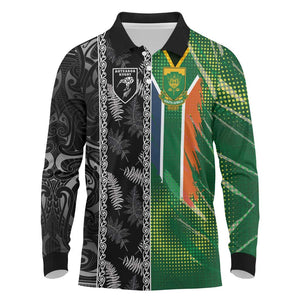 Custom Aotearoa South Africa Rugby Freedom Cup Long Sleeve Polo Shirt Maori Silver Fern Art and Sporty Flag SA - African Pride