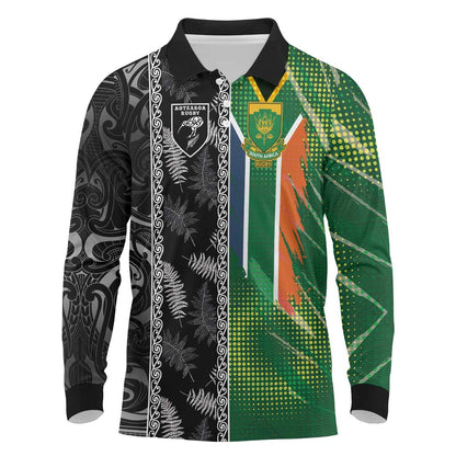Custom Aotearoa South Africa Rugby Freedom Cup Long Sleeve Polo Shirt Maori Silver Fern Art and Sporty Flag SA - African Pride