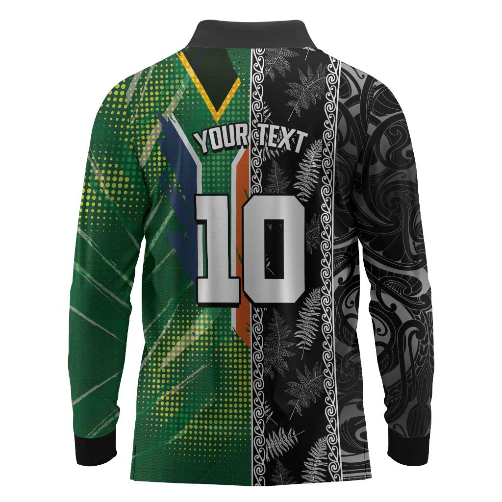 Custom Aotearoa South Africa Rugby Freedom Cup Long Sleeve Polo Shirt Maori Silver Fern Art and Sporty Flag SA - African Pride