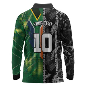 Custom Aotearoa South Africa Rugby Freedom Cup Long Sleeve Polo Shirt Maori Silver Fern Art and Sporty Flag SA - African Pride