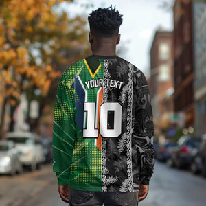 Custom Aotearoa South Africa Rugby Freedom Cup Long Sleeve Shirt Maori Silver Fern Art and Sporty Flag SA - African Pride