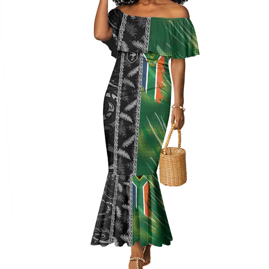 Custom Aotearoa South Africa Rugby Freedom Cup Mermaid Dress Maori Silver Fern Art and Sporty Flag SA - African Pride