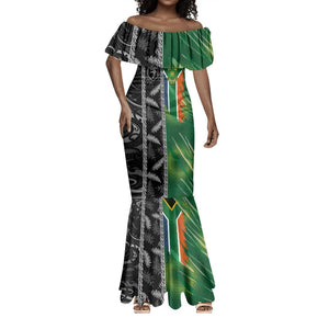 Custom Aotearoa South Africa Rugby Freedom Cup Mermaid Dress Maori Silver Fern Art and Sporty Flag SA - African Pride