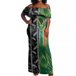 Custom Aotearoa South Africa Rugby Freedom Cup Off Shoulder Maxi Dress Maori Silver Fern Art and Sporty Flag SA - African Pride