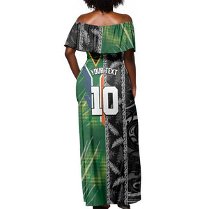 Custom Aotearoa South Africa Rugby Freedom Cup Off Shoulder Maxi Dress Maori Silver Fern Art and Sporty Flag SA - African Pride