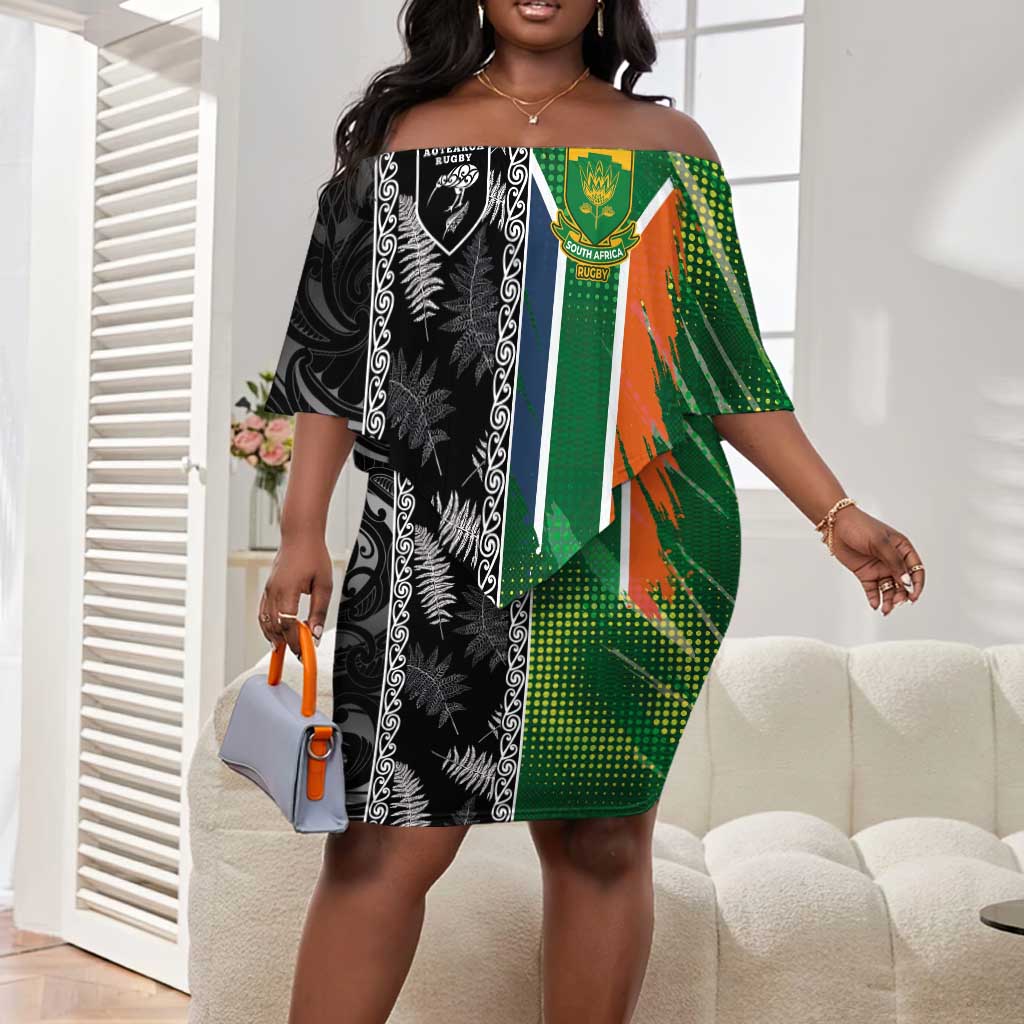 Custom Aotearoa South Africa Rugby Freedom Cup Off Shoulder Short Dress Maori Silver Fern Art and Sporty Flag SA - African Pride