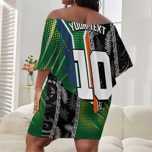 Custom Aotearoa South Africa Rugby Freedom Cup Off Shoulder Short Dress Maori Silver Fern Art and Sporty Flag SA - African Pride