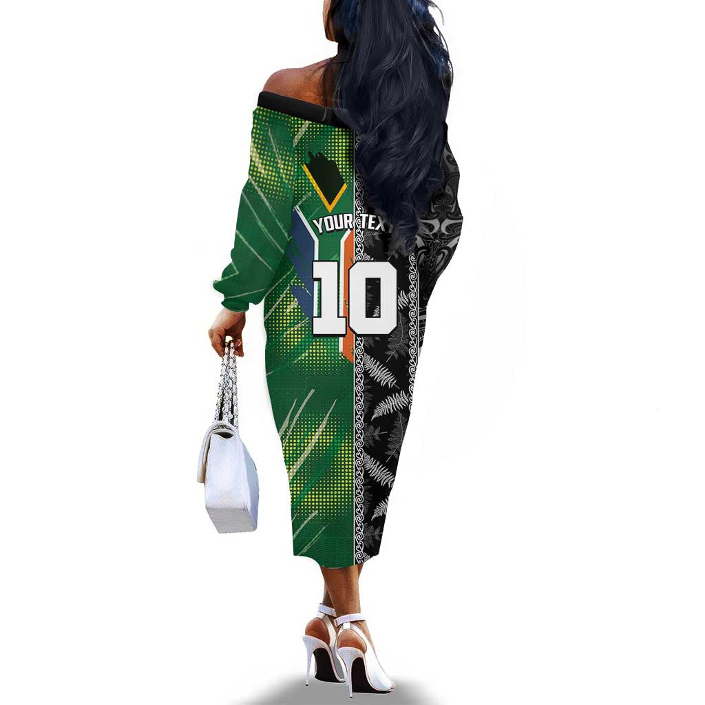 Custom Aotearoa South Africa Rugby Freedom Cup Off The Shoulder Long Sleeve Dress Maori Silver Fern Art and Sporty Flag SA - African Pride