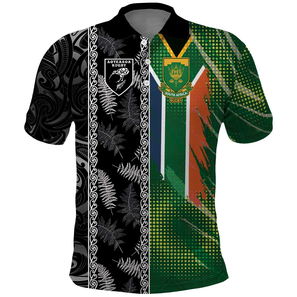 Custom Aotearoa South Africa Rugby Freedom Cup Polo Shirt Maori Silver Fern Art and Sporty Flag SA - African Pride
