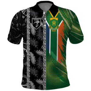 Custom Aotearoa South Africa Rugby Freedom Cup Polo Shirt Maori Silver Fern Art and Sporty Flag SA - African Pride