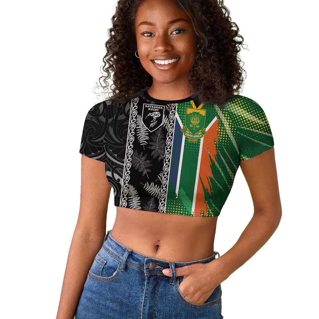 Custom Aotearoa South Africa Rugby Freedom Cup Raglan Cropped T shirt Maori Silver Fern Art and Sporty Flag SA - African Pride