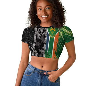 Custom Aotearoa South Africa Rugby Freedom Cup Raglan Cropped T shirt Maori Silver Fern Art and Sporty Flag SA - African Pride