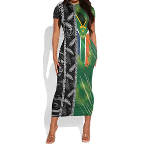 Custom Aotearoa South Africa Rugby Freedom Cup Short Sleeve Bodycon Dress Maori Silver Fern Art and Sporty Flag SA - African Pride
