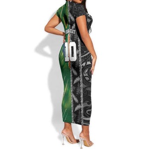Custom Aotearoa South Africa Rugby Freedom Cup Short Sleeve Bodycon Dress Maori Silver Fern Art and Sporty Flag SA - African Pride