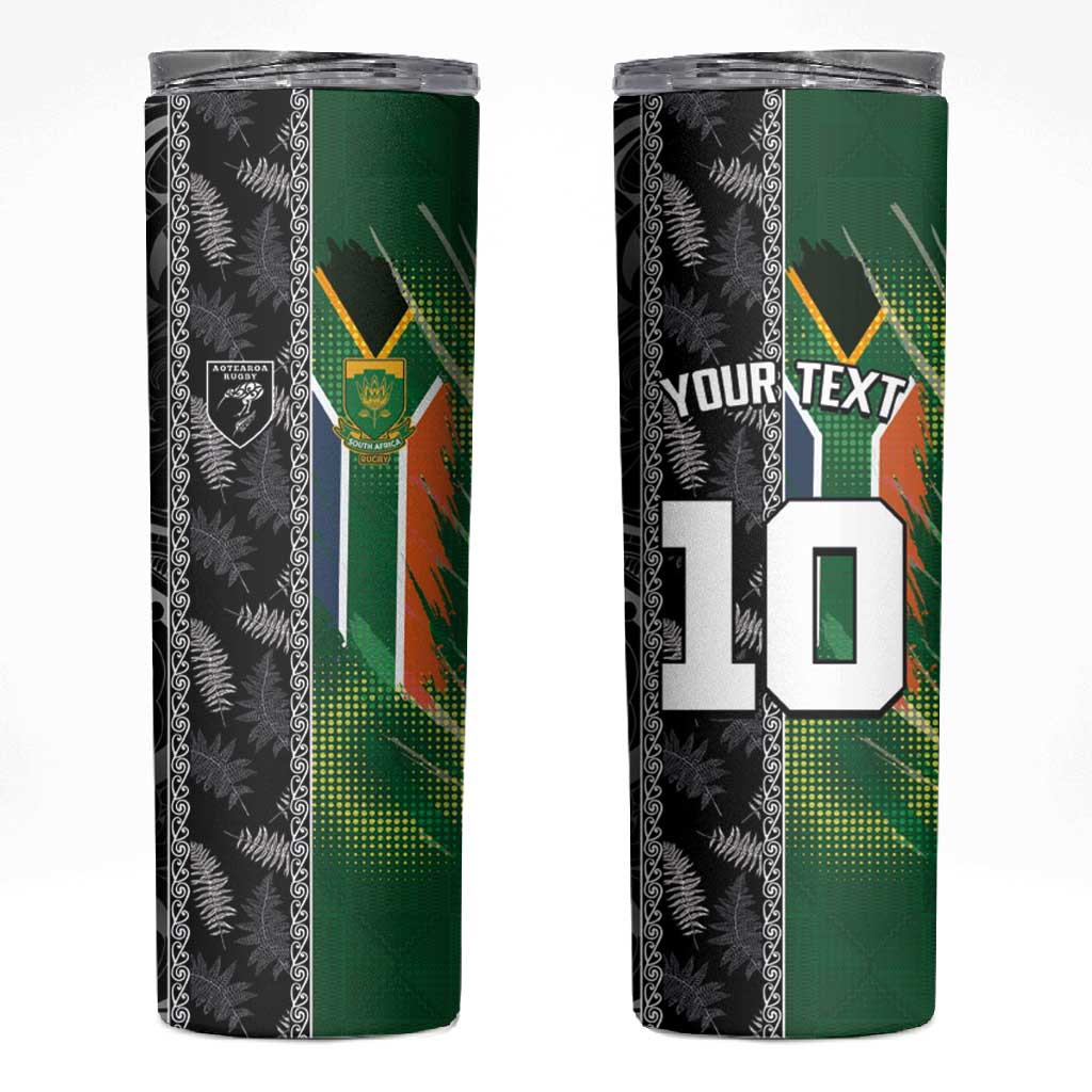 Custom Aotearoa South Africa Rugby Freedom Cup Skinny Tumbler Maori Silver Fern Art and Sporty Flag SA - African Pride