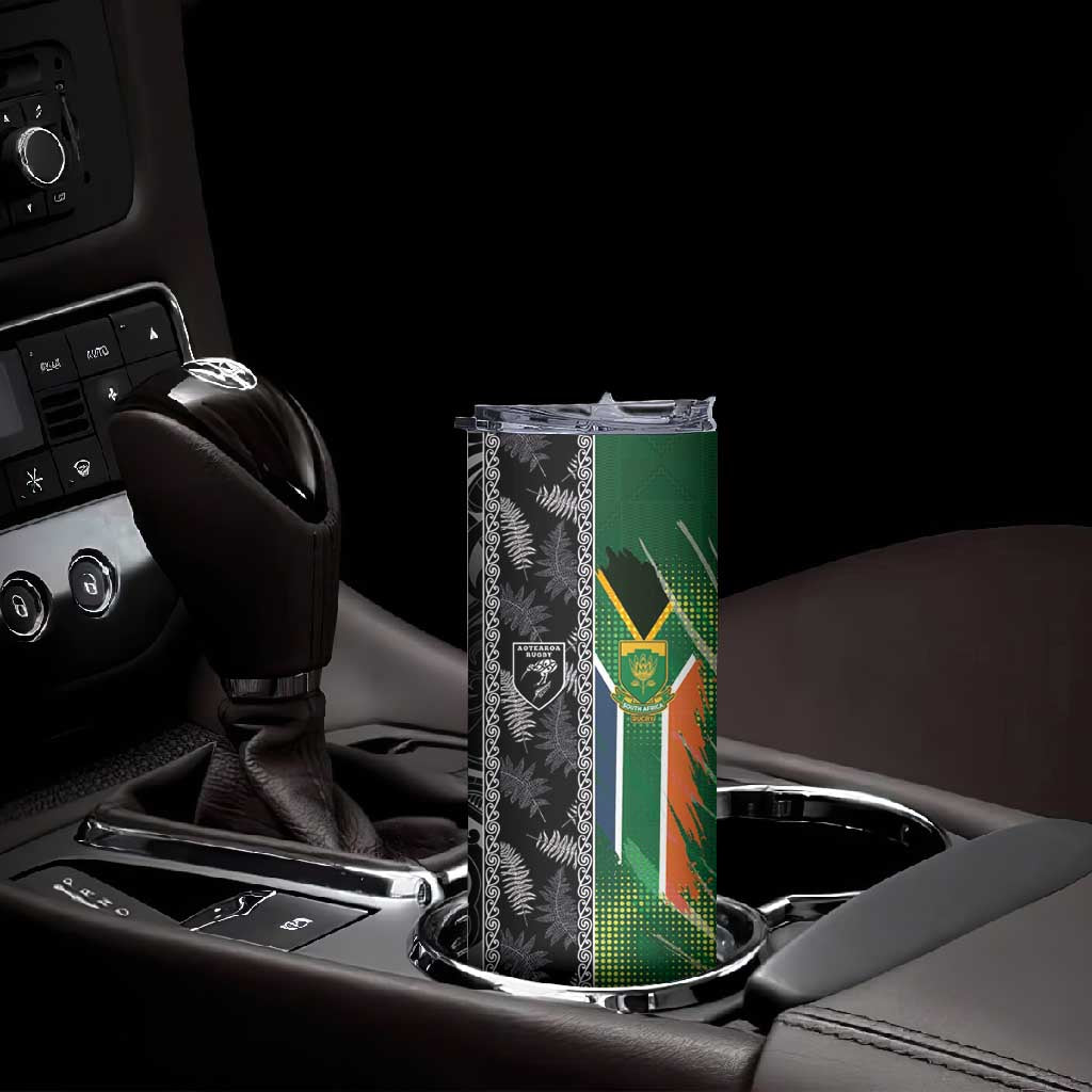 Custom Aotearoa South Africa Rugby Freedom Cup Skinny Tumbler Maori Silver Fern Art and Sporty Flag SA - African Pride